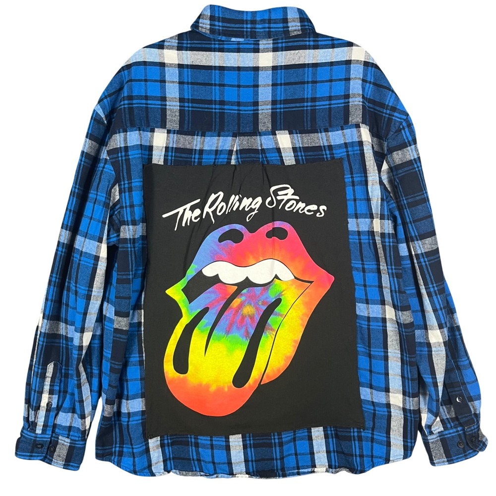 Rolling Stones Upcylced Flannel Shirt‎ Mens XL Blue Graphic Plaid Streetwear